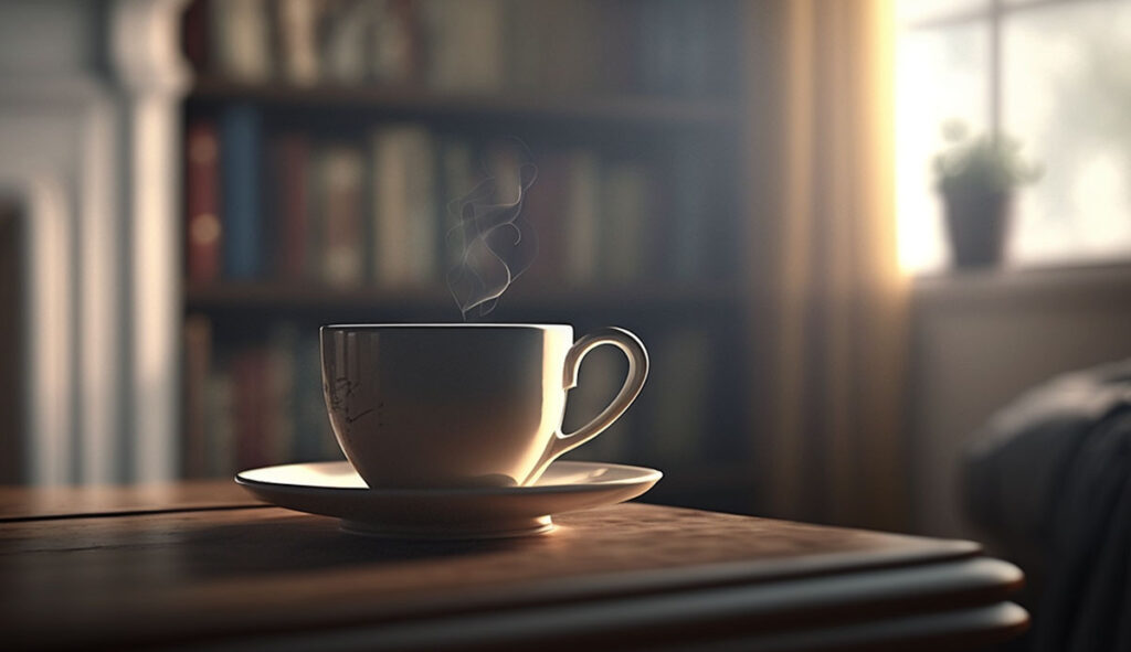 Steam rising from a cup of coffee on a wooden table in a panelled room, near a window