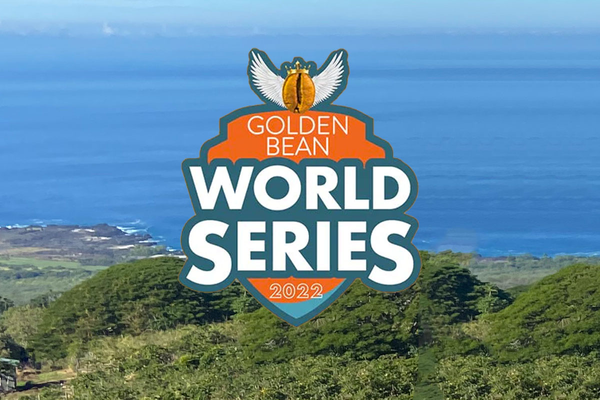 The Golden Bean World Series logo over a shot of a beach in Hawaii