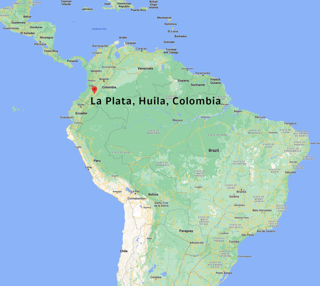 Google map of the norther half of South America with a pin marking La Plata, Huila, in the north of Colombia